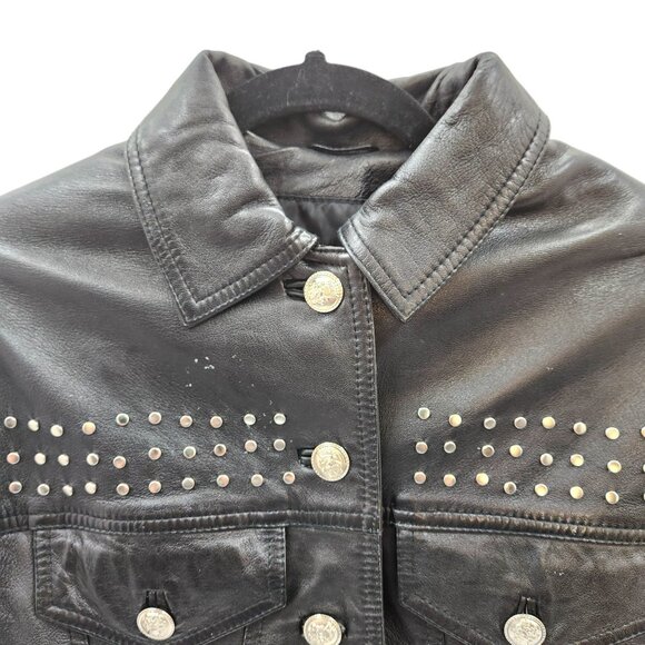 Vintage 90s LIMITED Women's Cropped Black Leather Jacket Stud Detail Size Small - Picture 3 of 10